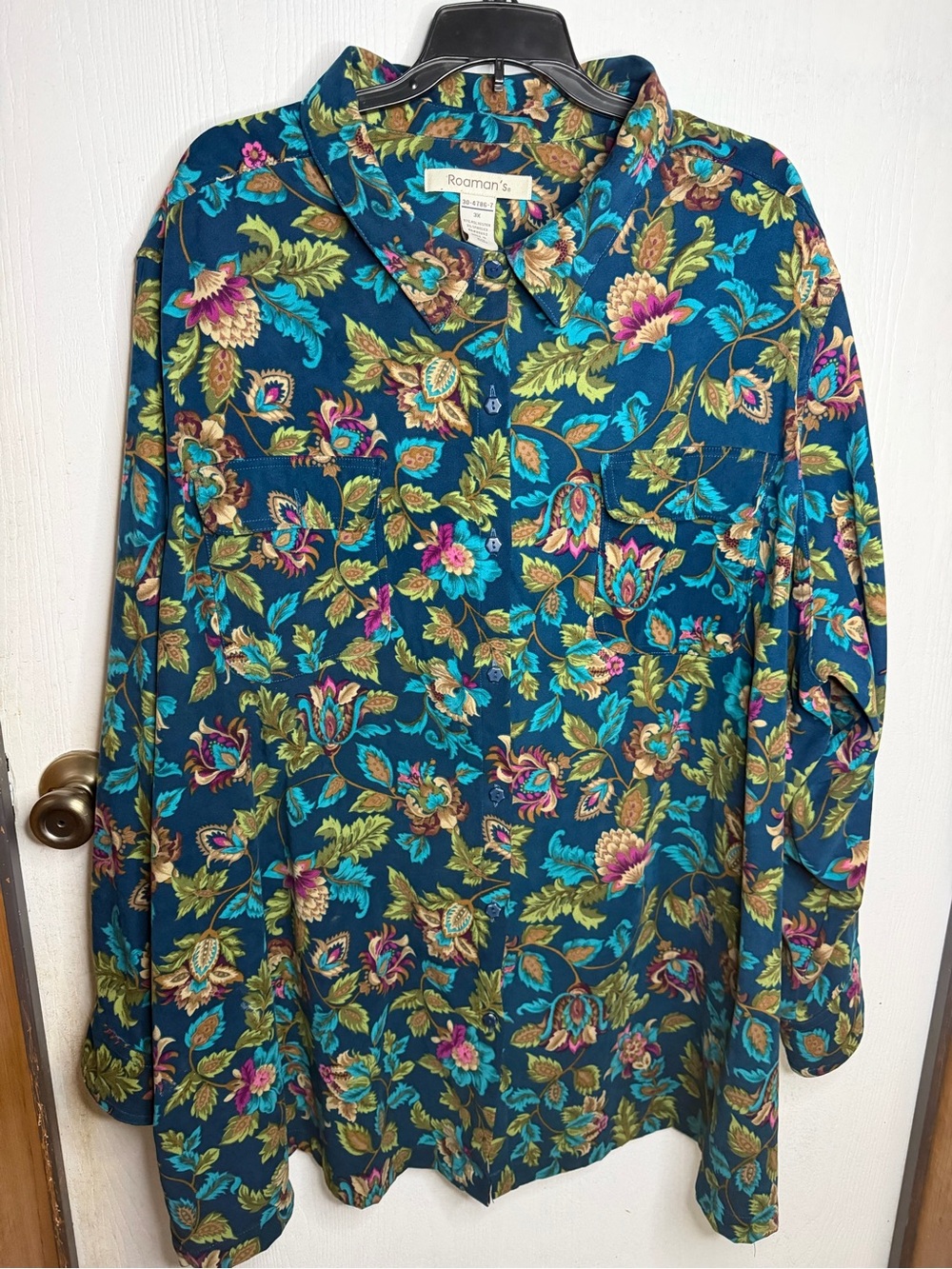 Roaman's Teal Multi-Color Floral Button-Down Blouse